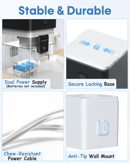 Wnfuo smart pet food dispenser side view detailing the dual power supply backup system