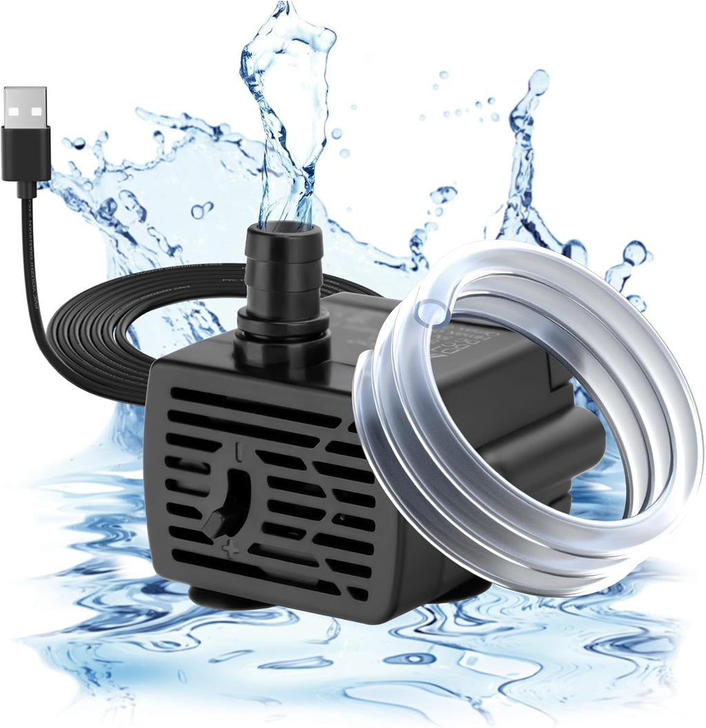 DaToo 3W mini submersible USB water pump front view showing flow adjustment dial.