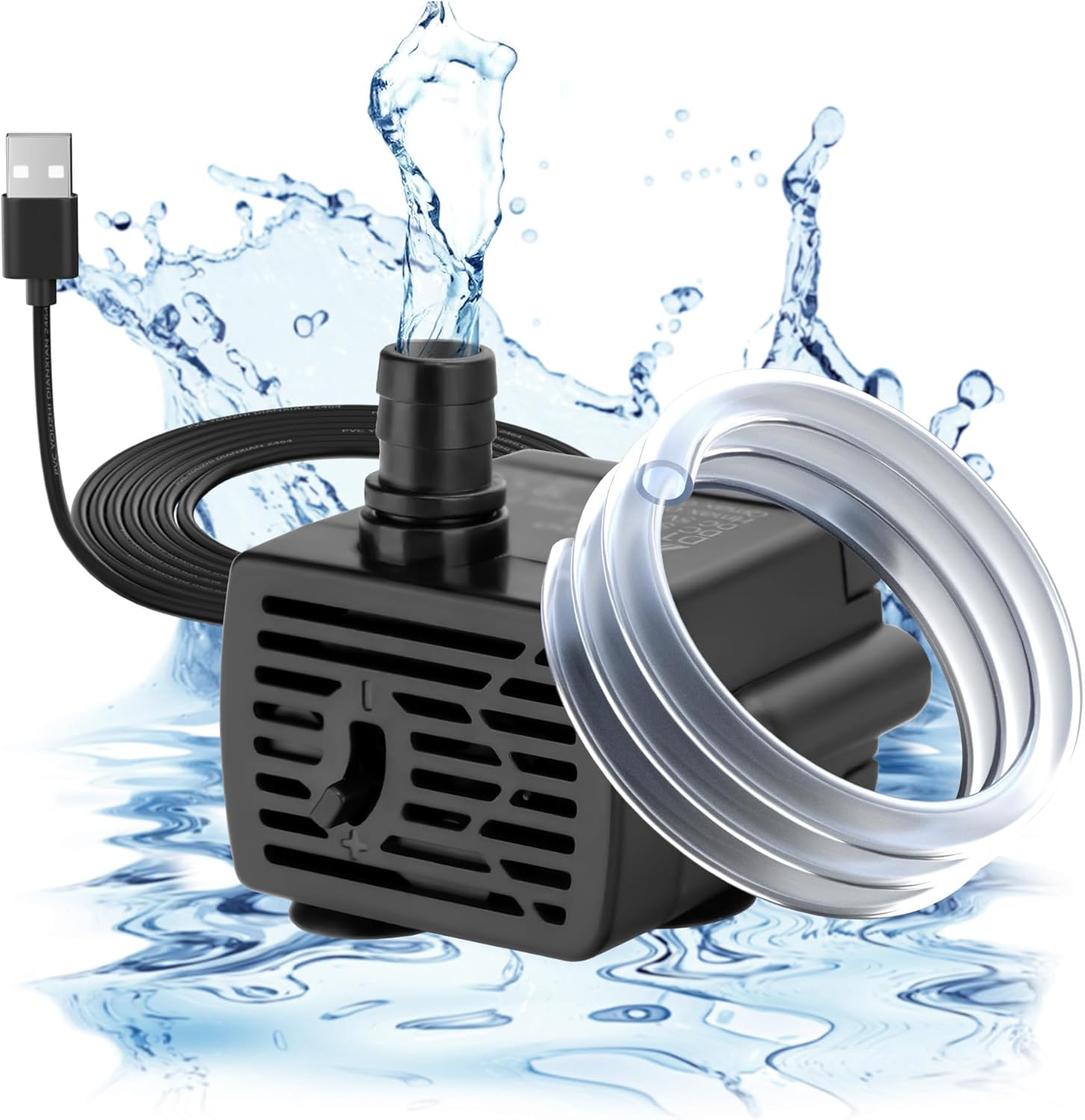 DaToo 3W mini submersible USB water pump front view showing flow adjustment dial.