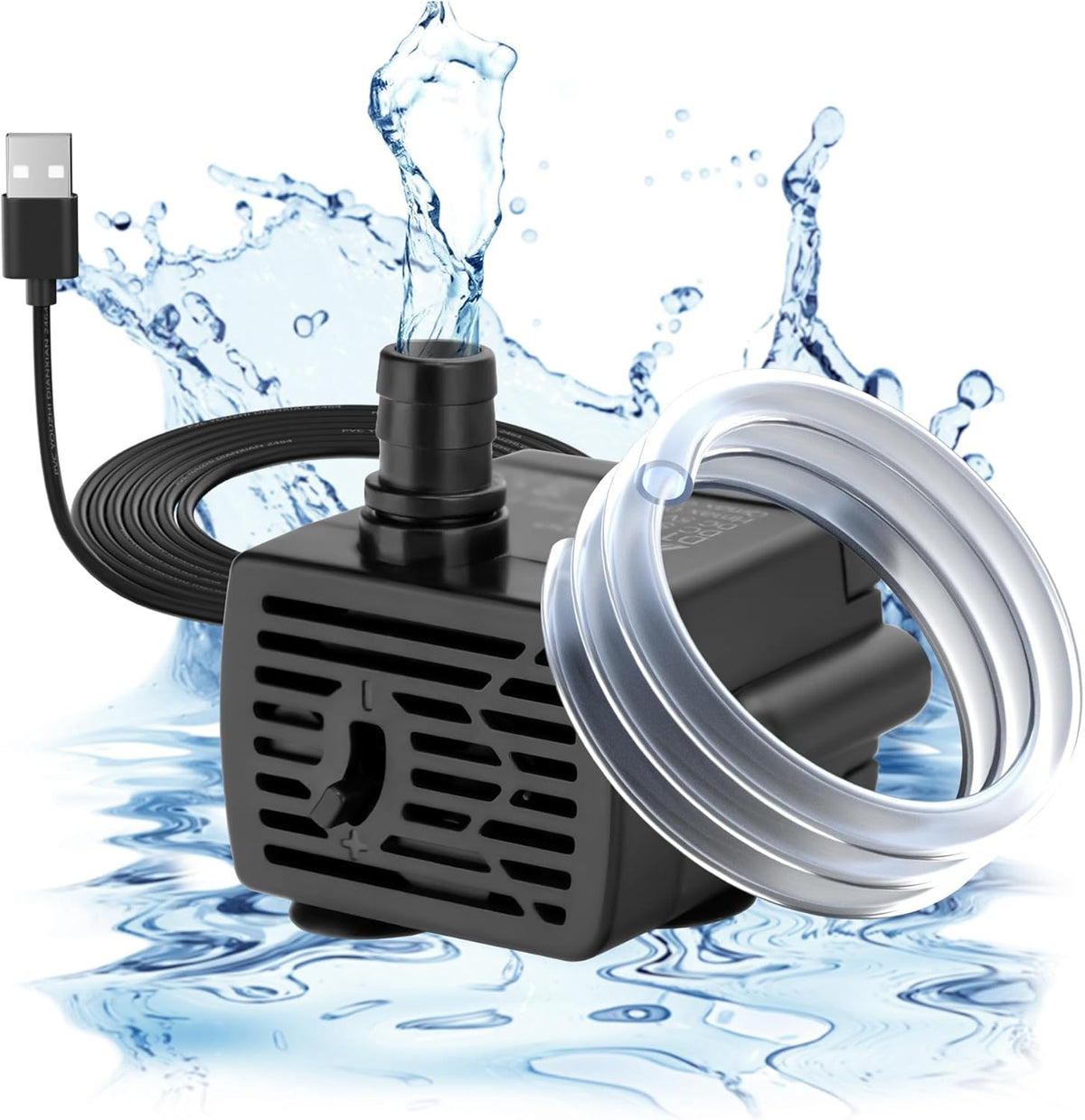 DaToo 3W mini submersible USB water pump front view showing flow adjustment dial.