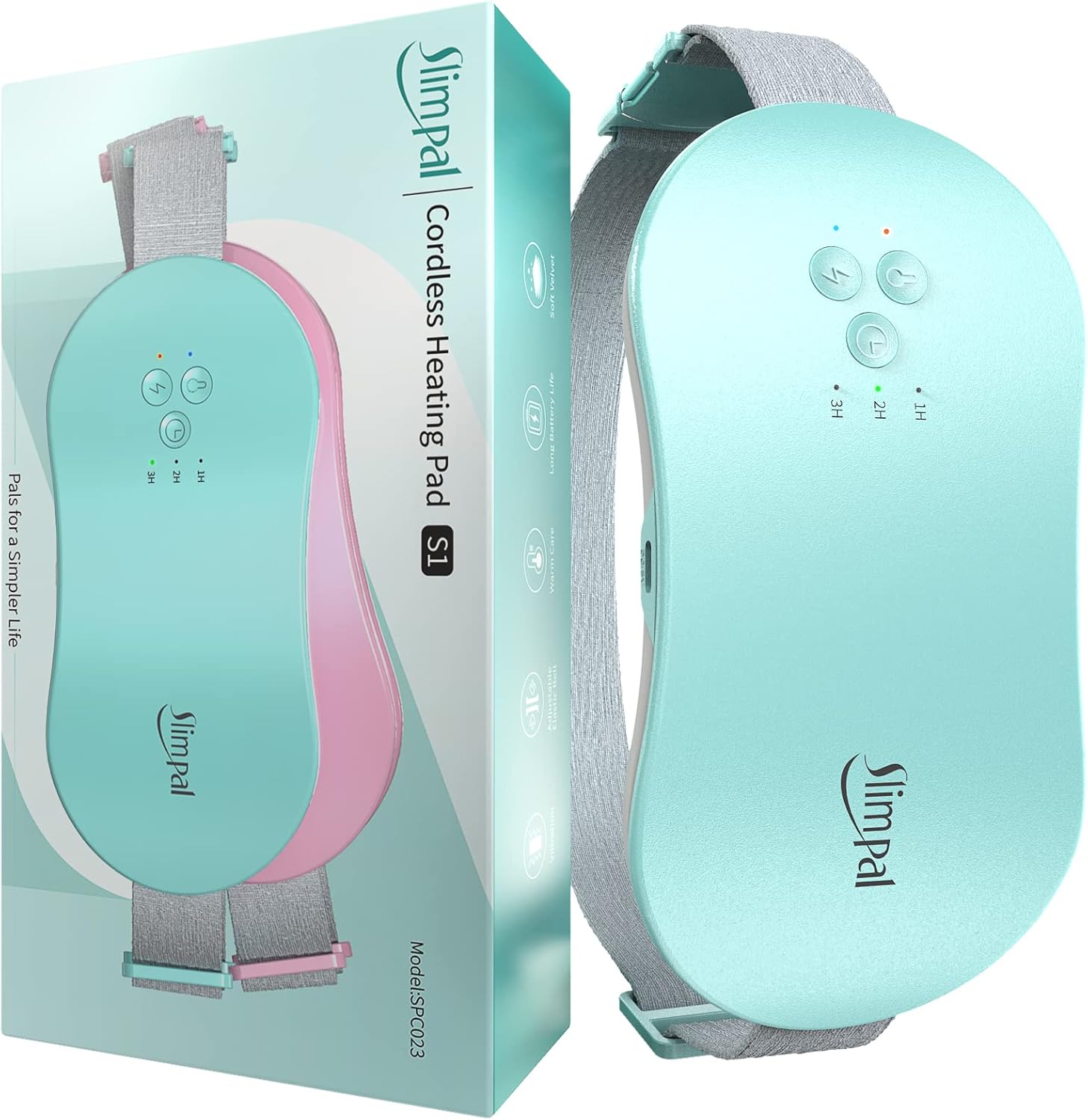 Slimpal portable cordless menstrual heating pad belt in aqua front view showing control buttons