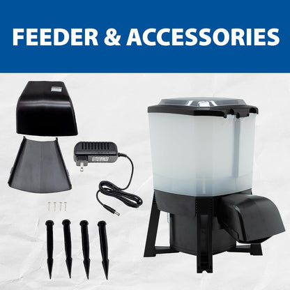 Solar powered outdoor fish feeder with digital timer close up on the control interface.