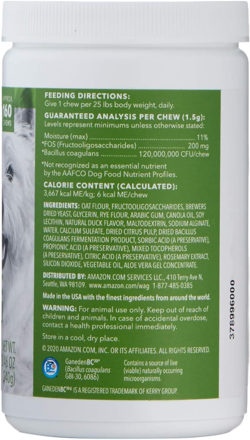 Wag dog gut flora supplement soft chews nutritional label