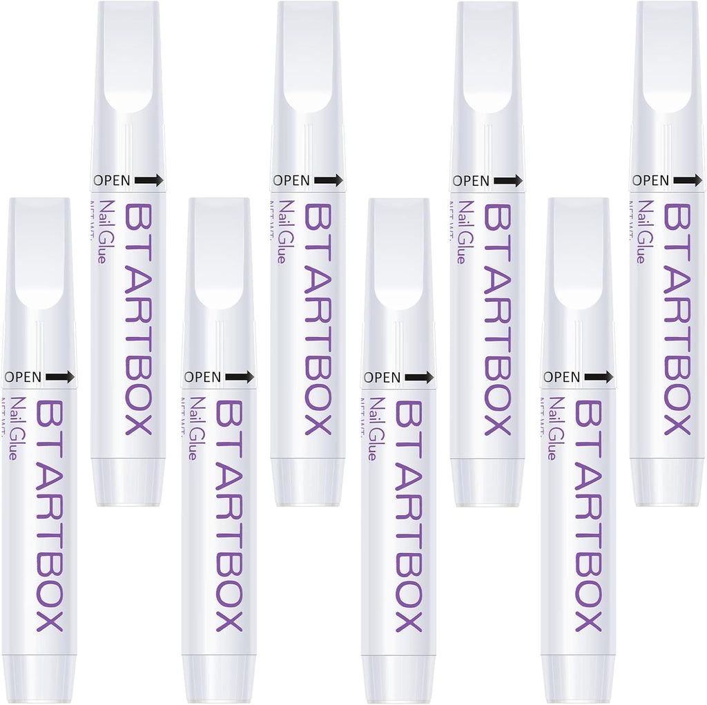 BTArtbox nail glue set front view showing eight adhesive tubes