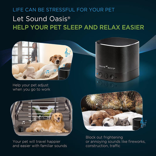 Sound Oasis pet anxiety relief sound device on a bedside table next to a resting dog