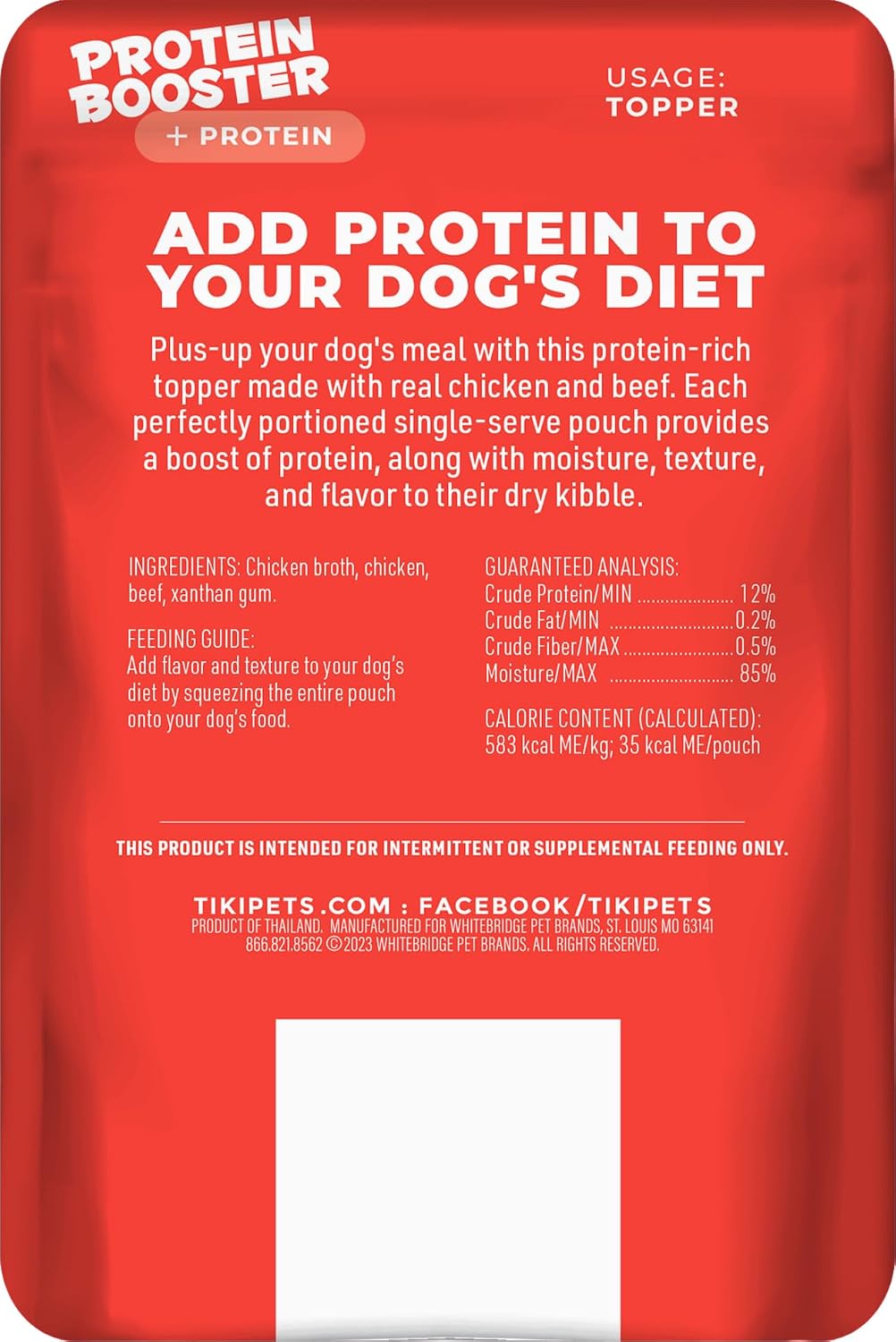 Tiki Pets grain-free dog food topper pouch nutritional details