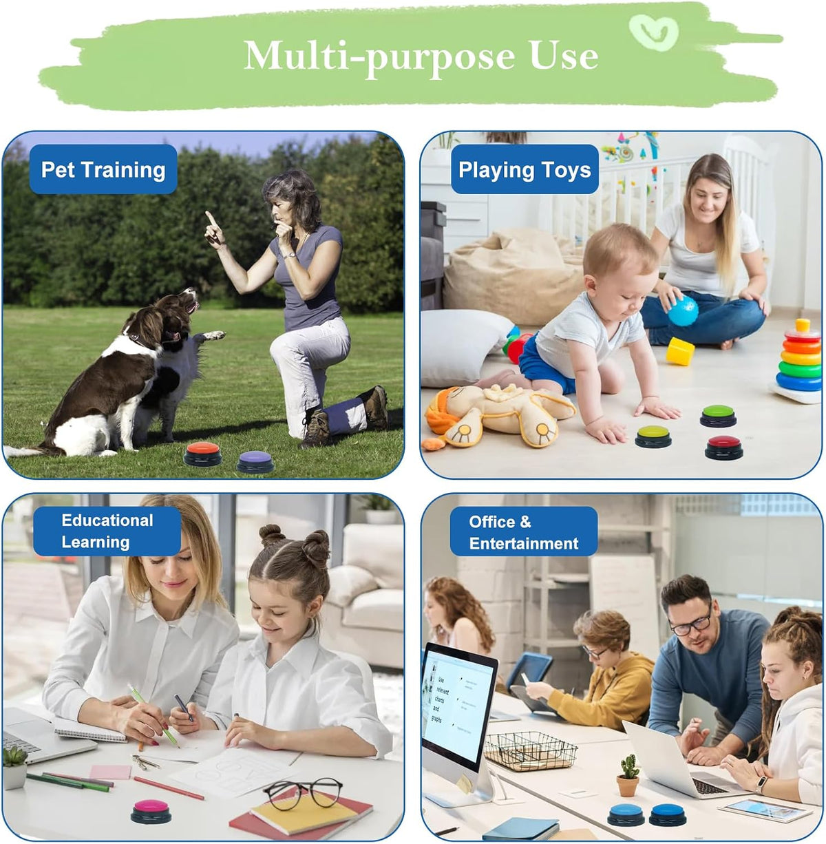 Demonstration of the voice recording function on the Gelabur talking buttons for pet owners and teachers.