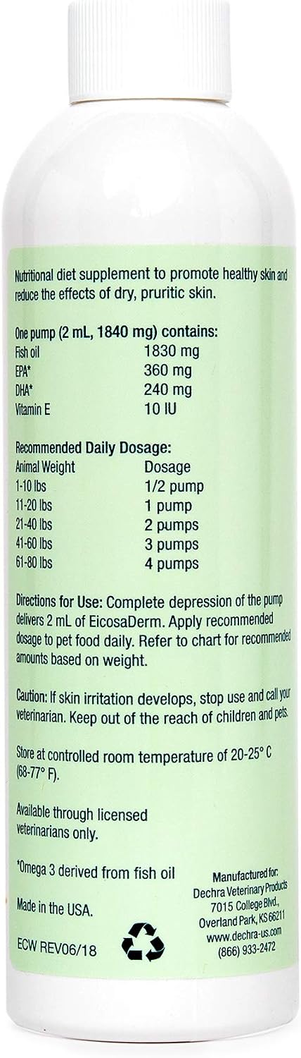 Dechra EicosaDerm 8 fluid ounce liquid skin and coat supplement for cats and dogs