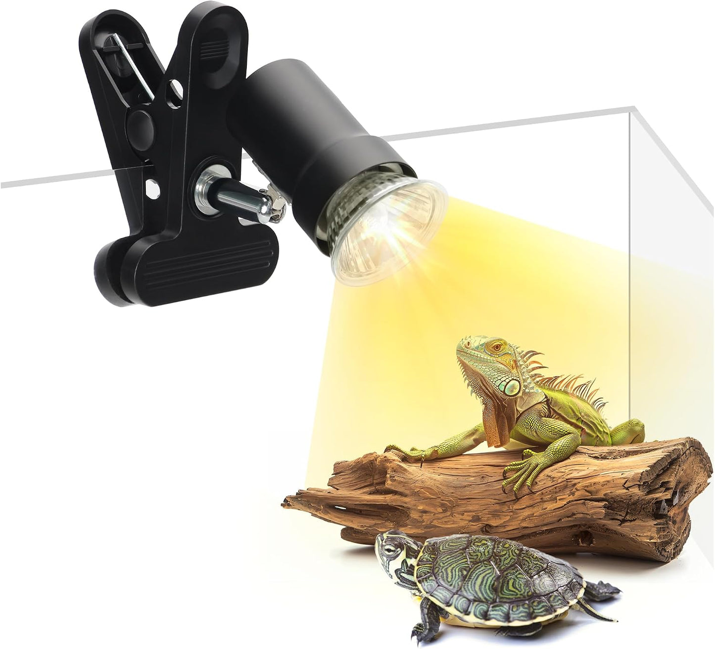 Rizopets reptile heat lamp front view with 50W bulb installed in a terrarium.