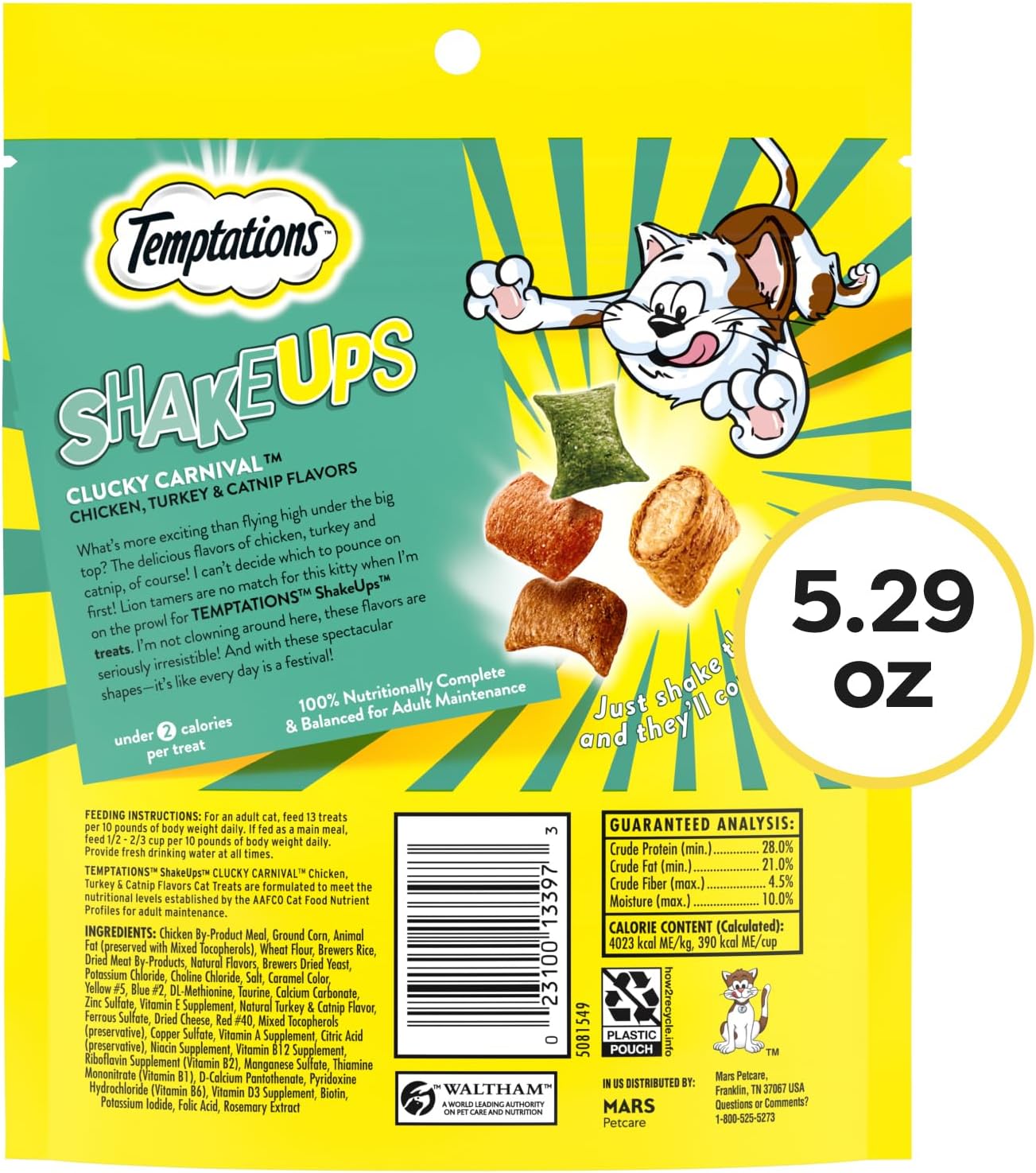 Resealable pouch of crunchy and soft cat treats containing chicken and turkey flavors
