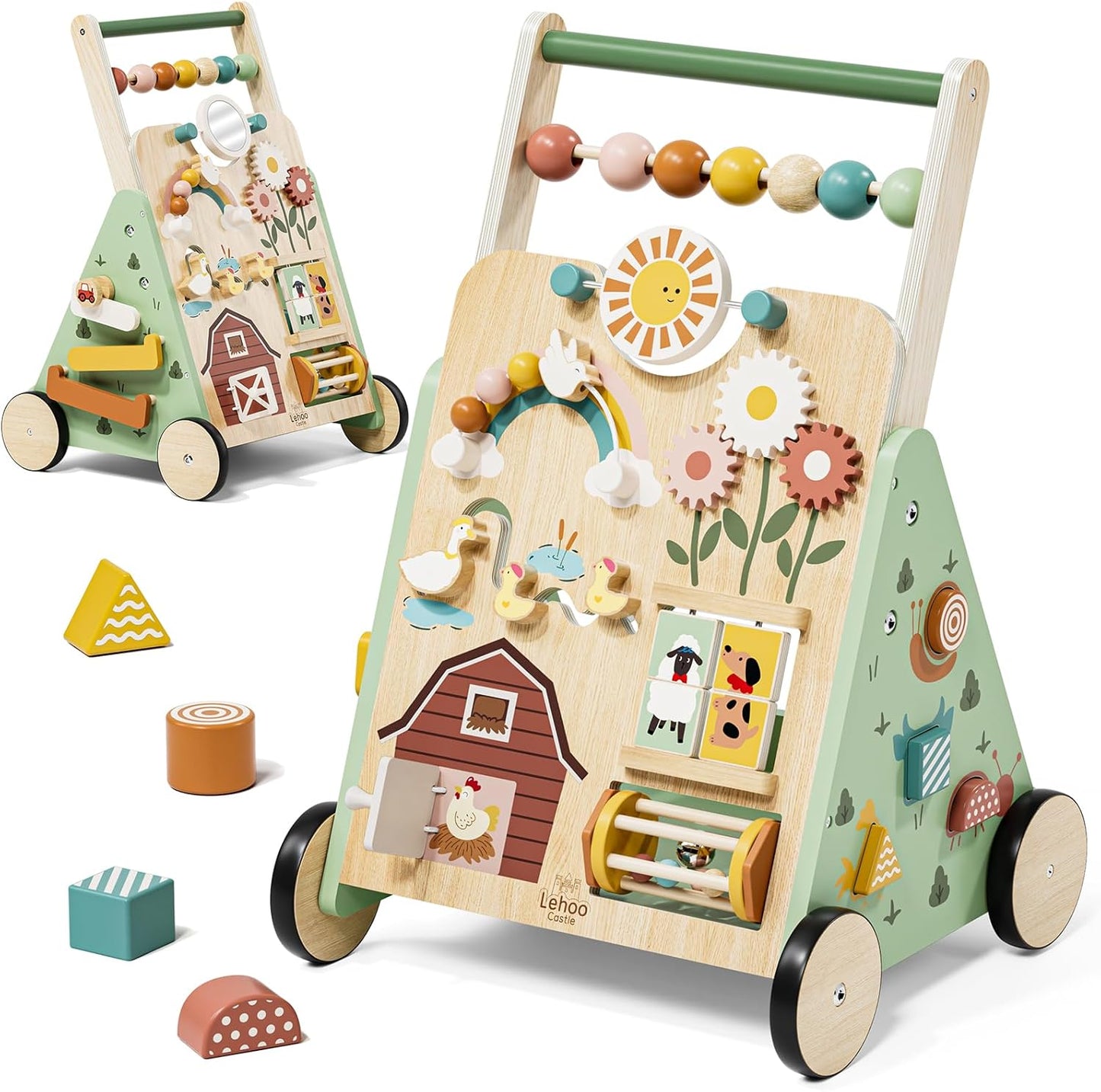 Lehoo Castle wooden baby walker front view with activity center