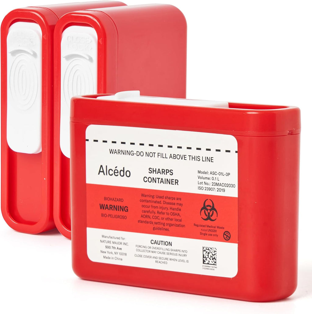 Alcedo Portable Sharps Container 3-pack front view for diabetes supplies.