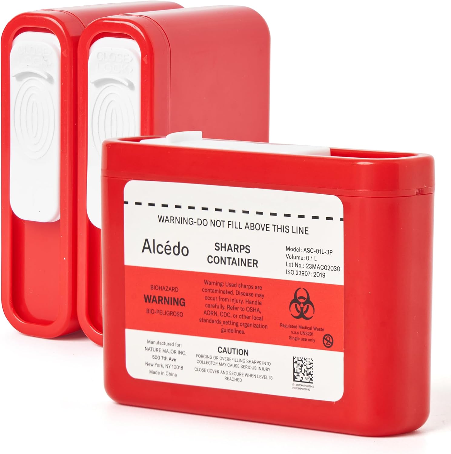 Alcedo Portable Sharps Container 3-pack front view for diabetes supplies.