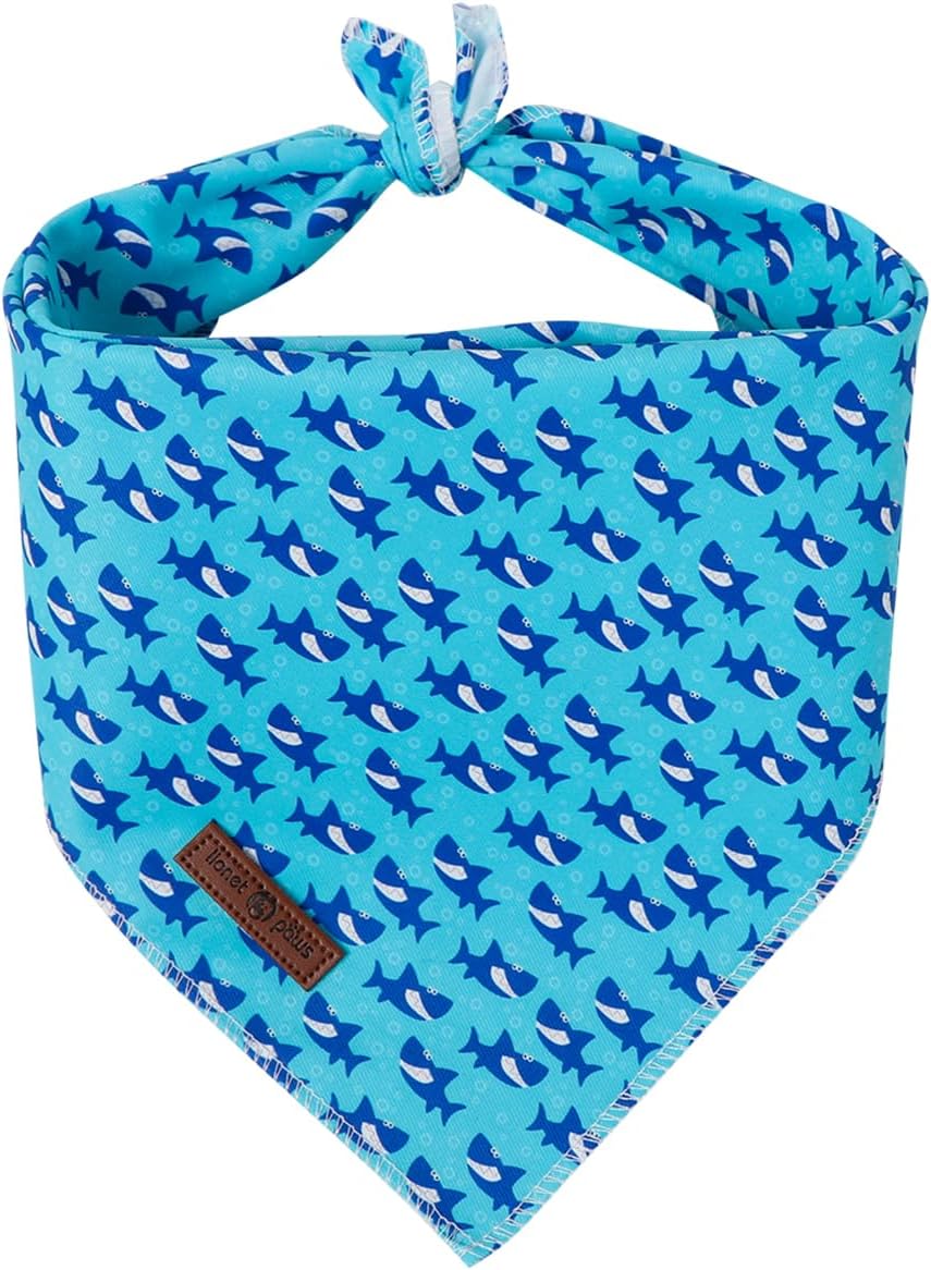 Side angle view of the securely tied Lionet Paws premium cotton dog kerchief highlighting its comfortable fit.