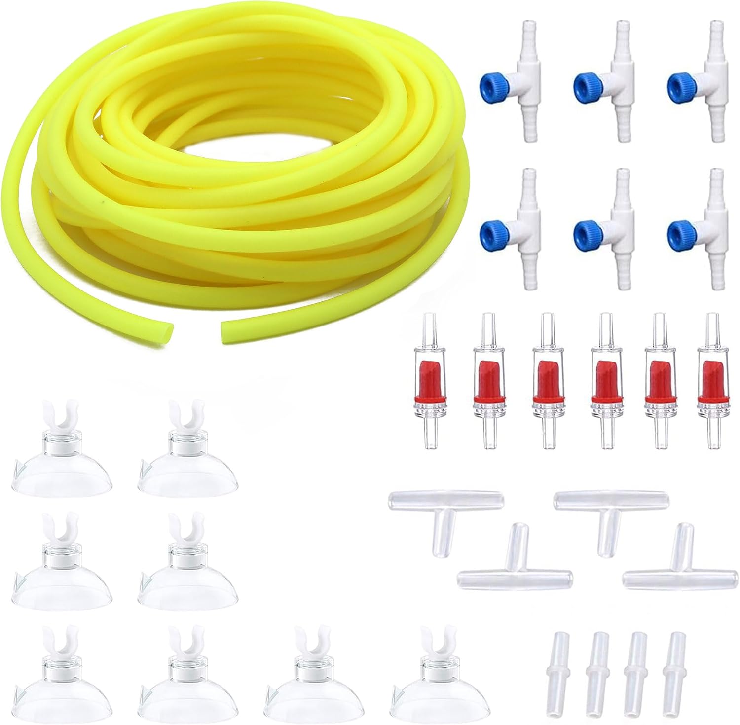 Full view of twenty five feet clear aquarium line with custom control valves for fish tanks.