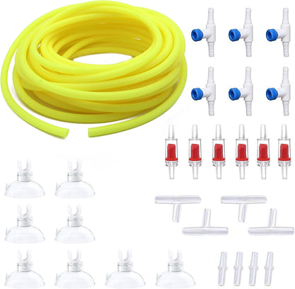 Full view of twenty five feet clear aquarium line with custom control valves for fish tanks.