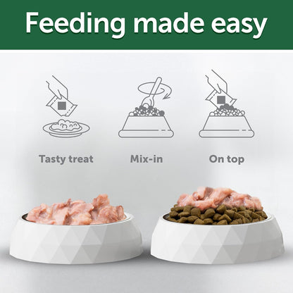 Premium hypoallergenic tuna and sea bass dog food pouch display