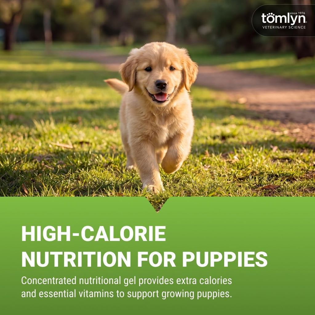 Close up of Tomlyn puppy nutritional gel packaging showing key benefits