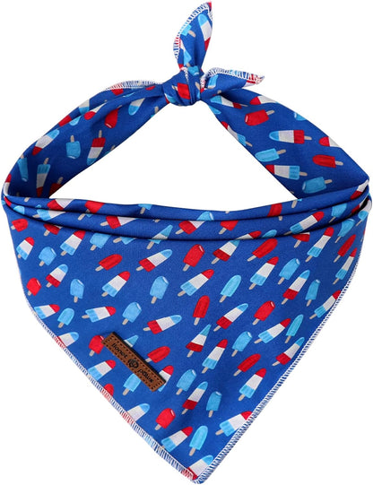 Lionet Paws Patriotic Fourth Of July Dog Bandana front view featuring a summer popsicle pattern on a blue background.