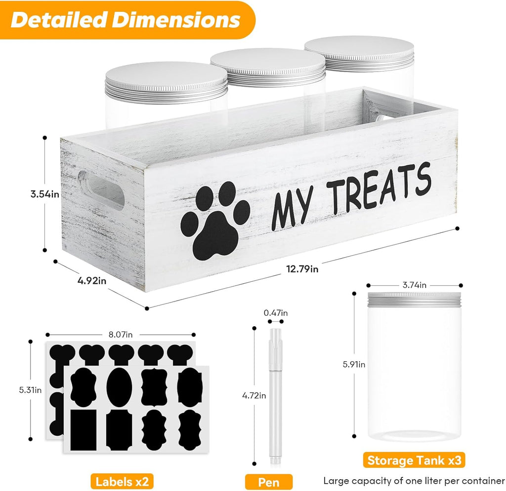Close up of dog treat container with chalkboard labels