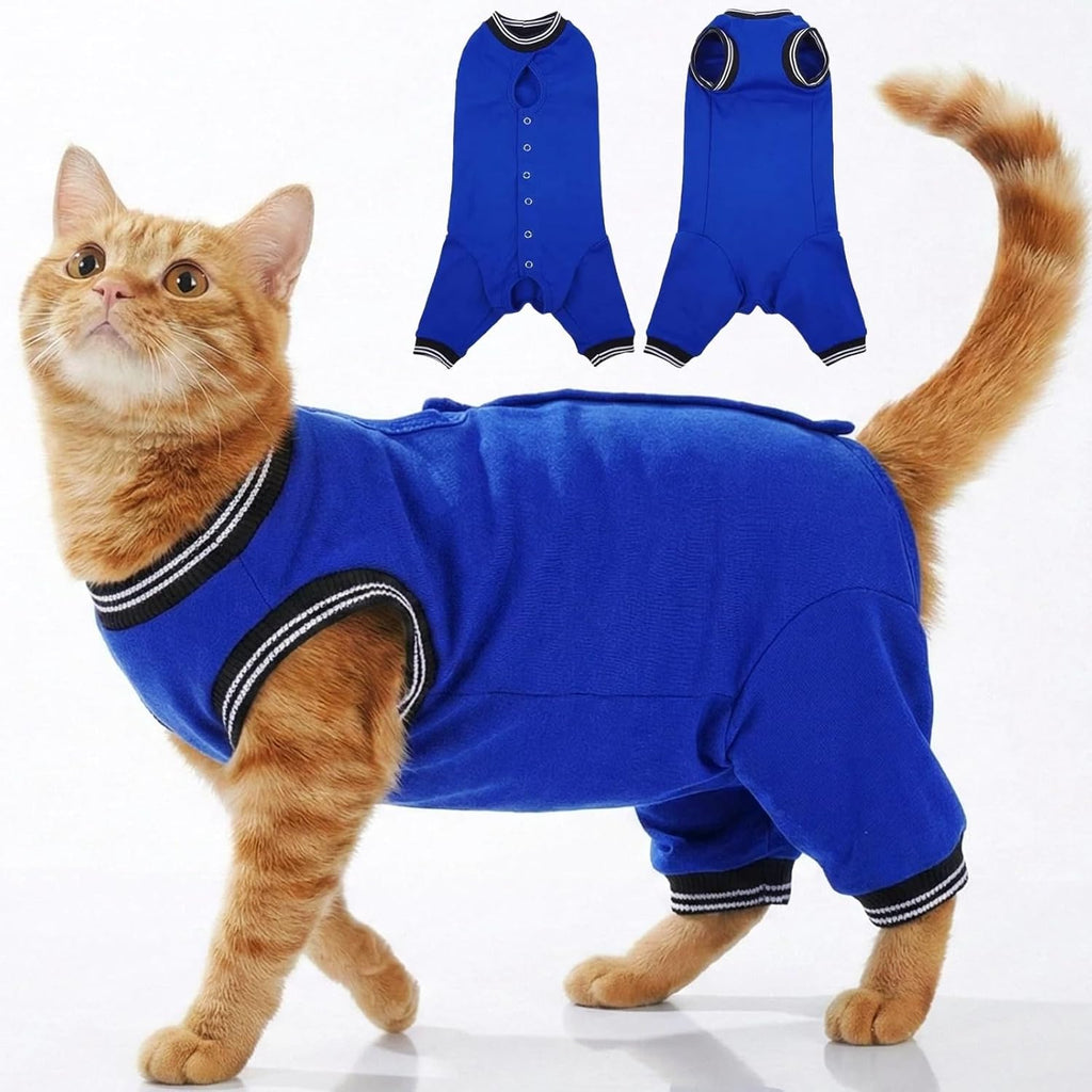 T'CHAQUE Cat Surgery Recovery Suit in royal blue front view