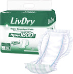 LivDry High Absorbency Pad Insert Hyper 1600 thirty count pack front view showcasing premium leak protection packaging.
