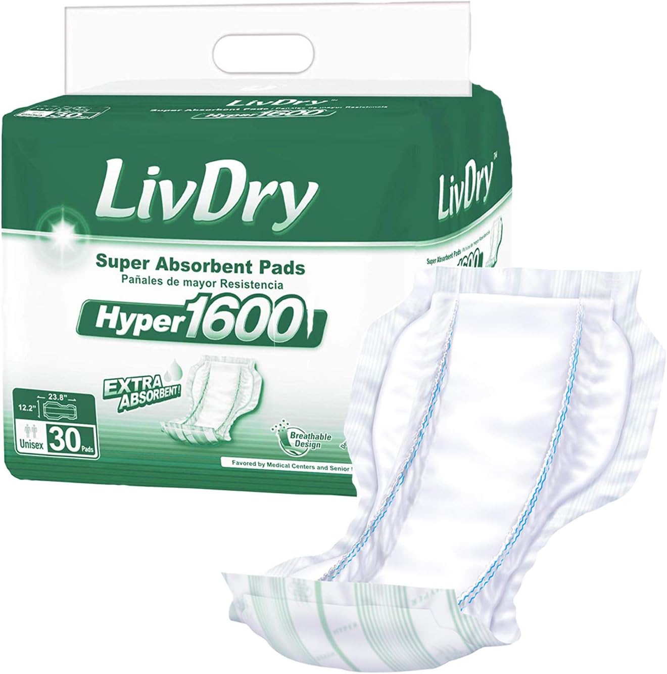 LivDry High Absorbency Pad Insert Hyper 1600 thirty count pack front view showcasing premium leak protection packaging.