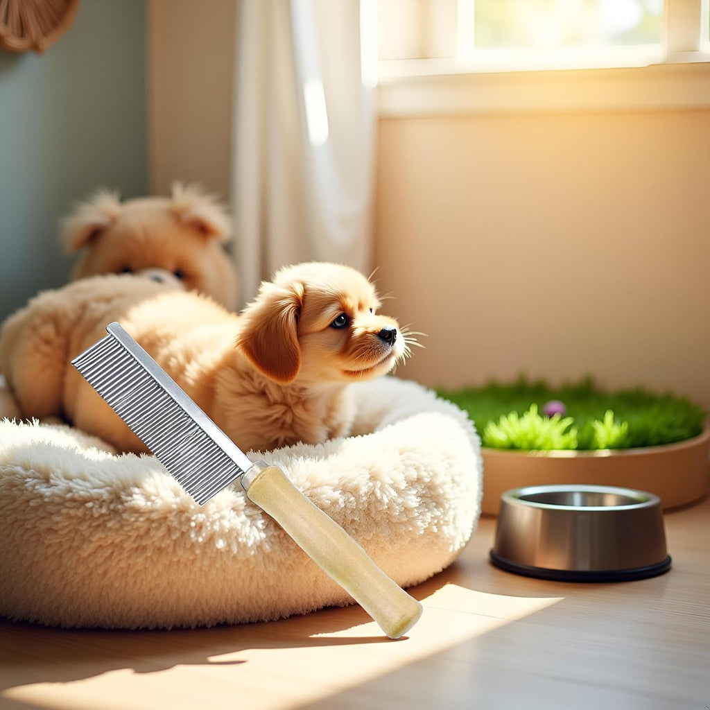 Myuiao pet comb ergonomic wooden handle detail