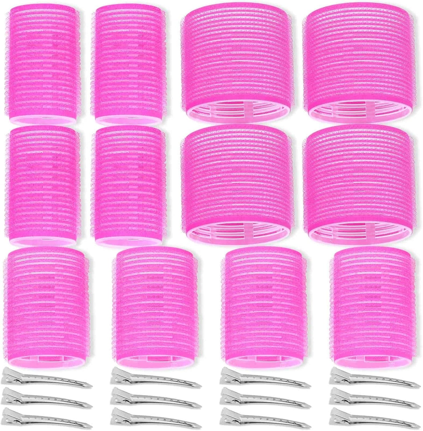 Shynek self grip hair rollers curlers set front view showing twenty four pieces of rose red heatless styling tools.