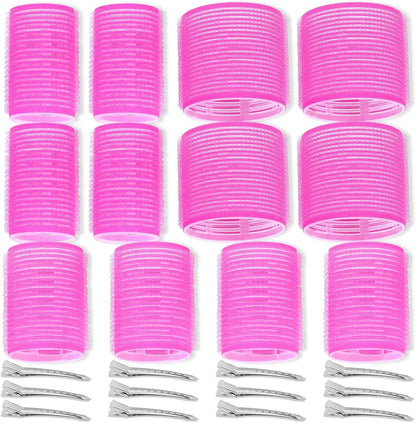 Shynek self grip hair rollers curlers set front view showing twenty four pieces of rose red heatless styling tools.
