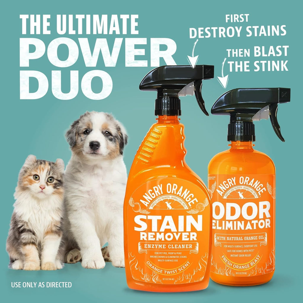 Back label of Angry Orange pet stain remover showing instructions