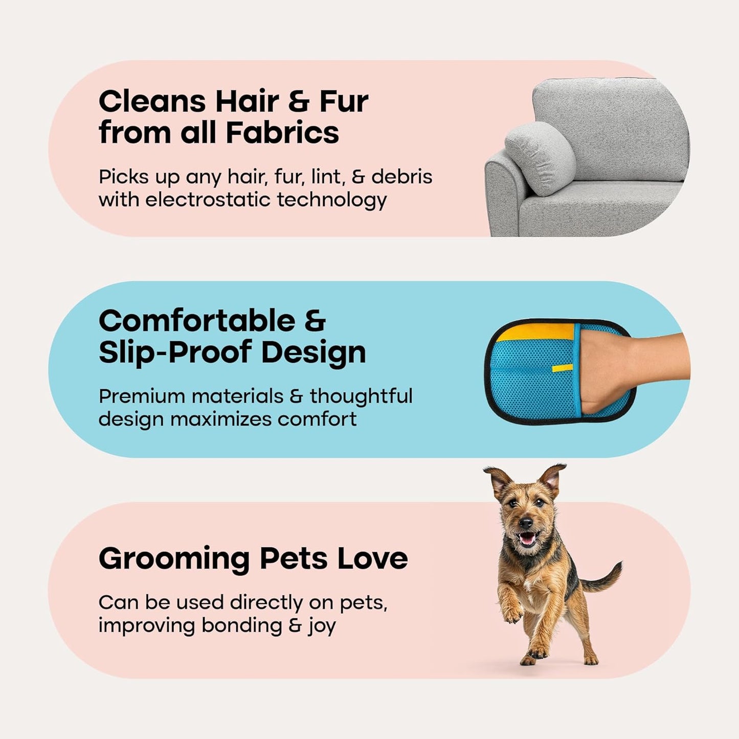 Uproot Clean pet hair removal mitt lifting fur from clothing
