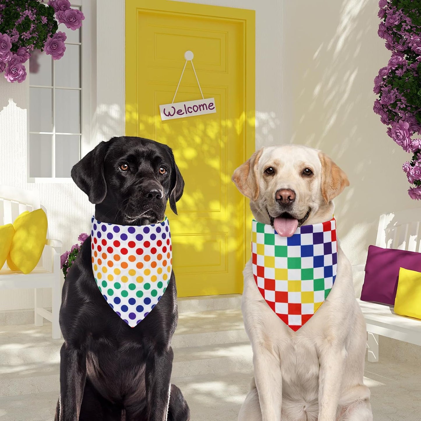 Pet wearing rainbow triangle bib side view
