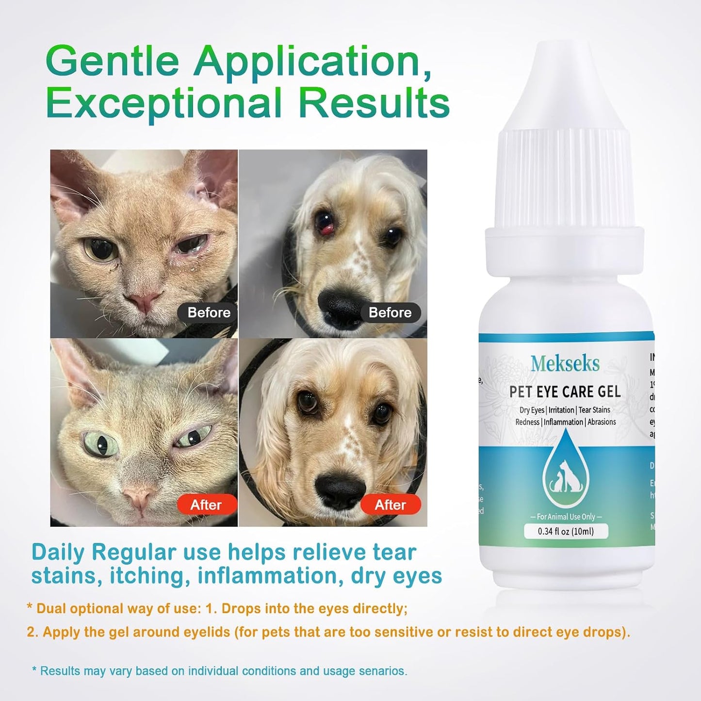 Mekseks pet eye drops side panel displaying full directions and usage instructions