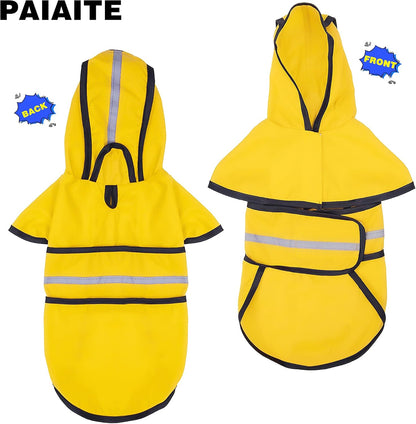 Reflective safety elements on yellow dog raincoat during night walk.