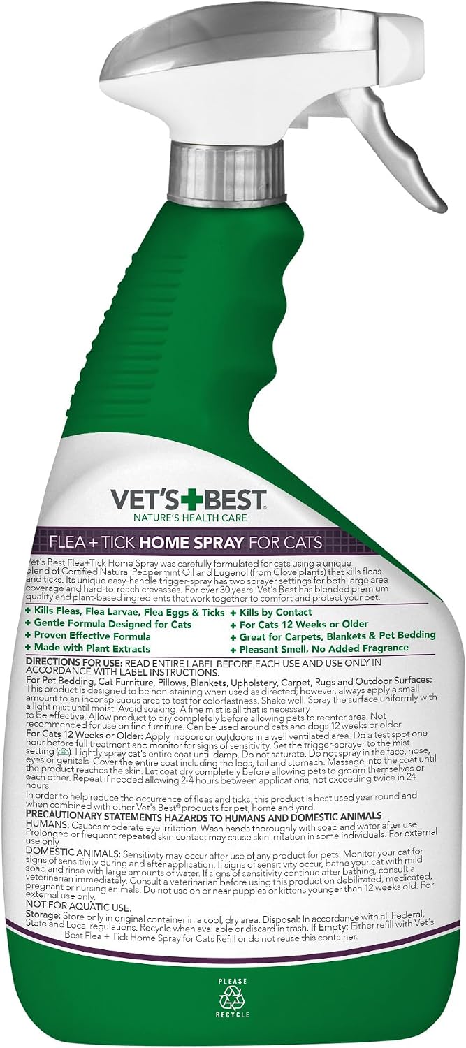 Vet's Best plant based flea and tick cat spray packaging showing certified essential oil ingredients