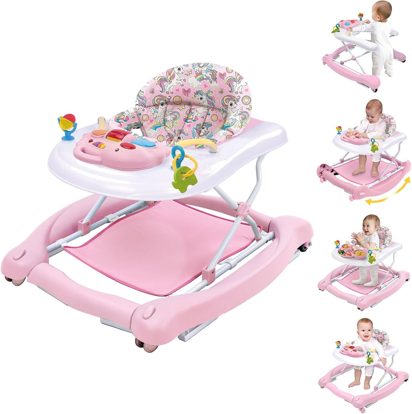 Howeemo 5-in-1 foldable baby walker front view in pink
