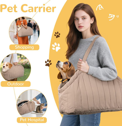 Soft-sided quilted dog purse interior view