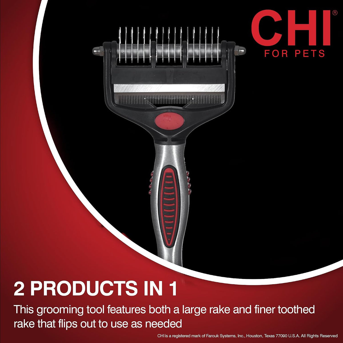 CHI dual-head dog grooming tool showing wide-tooth rake side