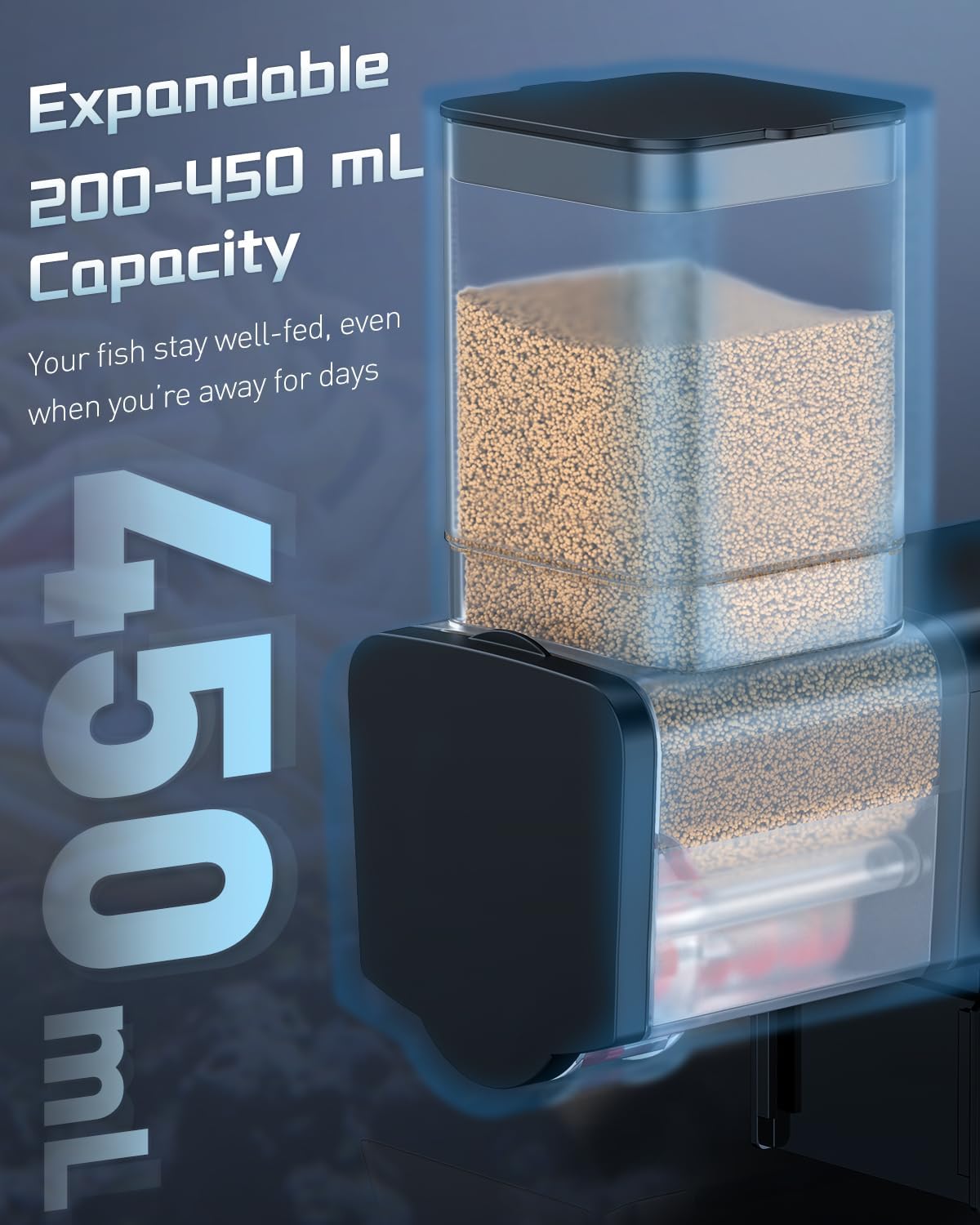 Pawfly adjustable fish feeder showing top loading dry food compartment