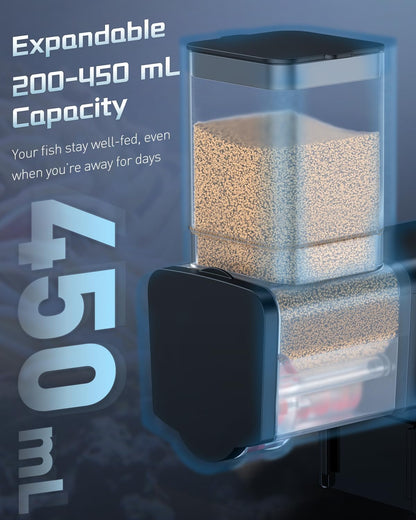 Pawfly adjustable fish feeder showing top loading dry food compartment