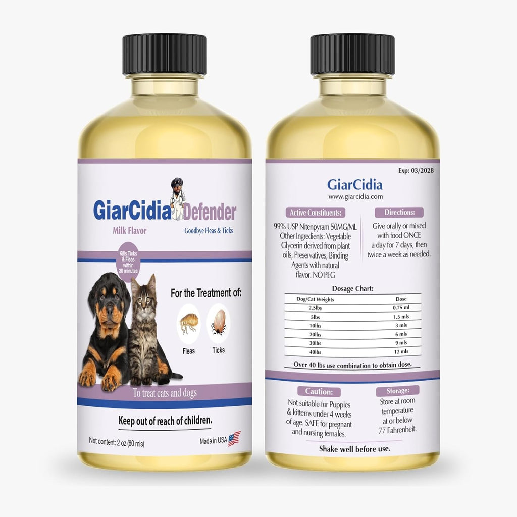 Giarcidia Defender flea treatment bottle with three milliliter dropper cap