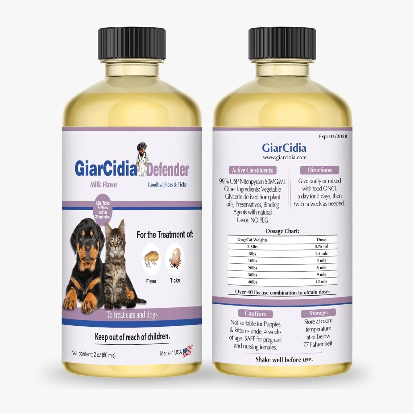 Giarcidia Defender flea treatment bottle with three milliliter dropper cap
