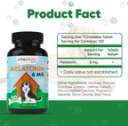 Vitamatic pet anxiety and sleep support supplement packaging showing dog relaxation benefits.