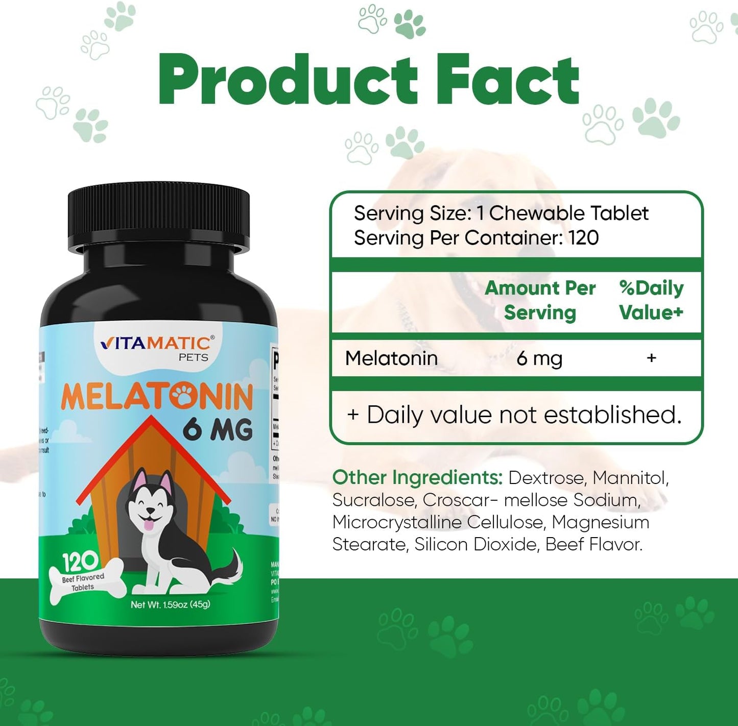 Vitamatic pet anxiety and sleep support supplement packaging showing dog relaxation benefits.