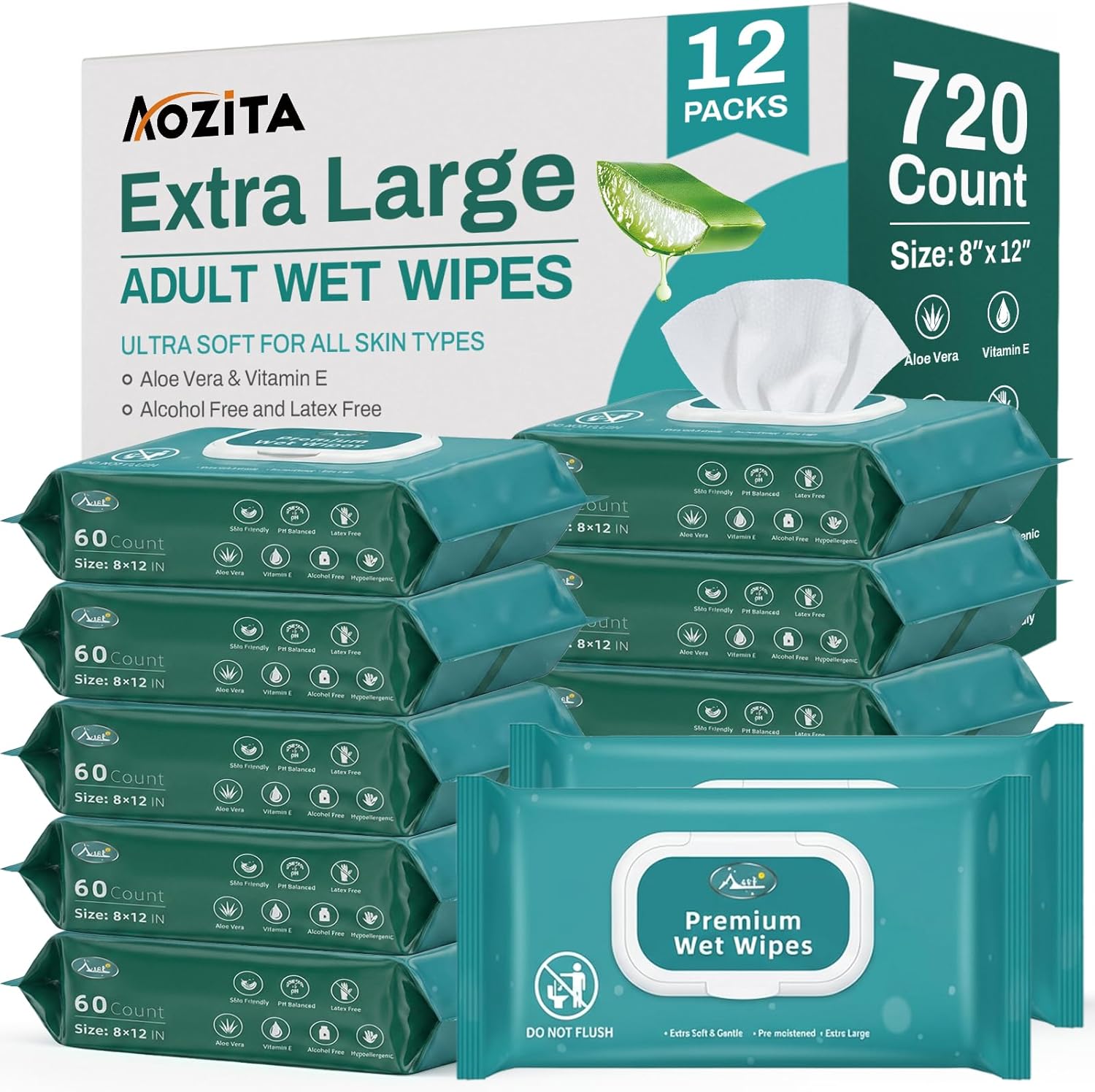 AOZITA extra large adult wet wipes 720 count bulk package front view for elderly care