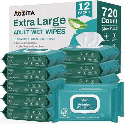 AOZITA extra large adult wet wipes 720 count bulk package front view for elderly care