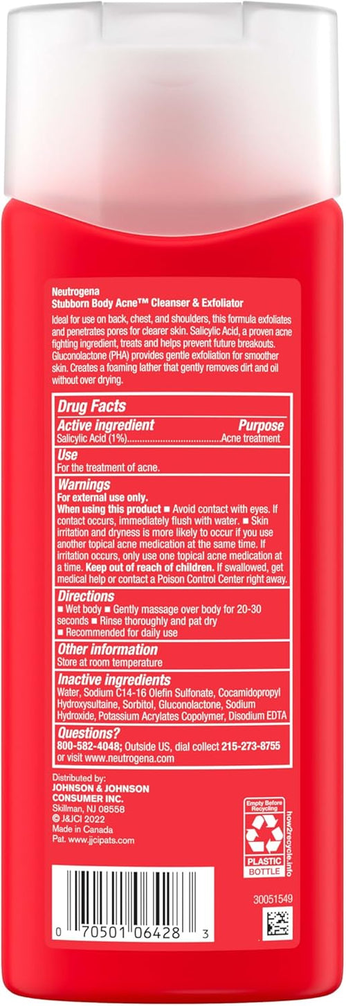 Neutrogena Salicylic Acid and PHA body wash bottle detailing the dermatologist tested ingredients for acne prone skin.