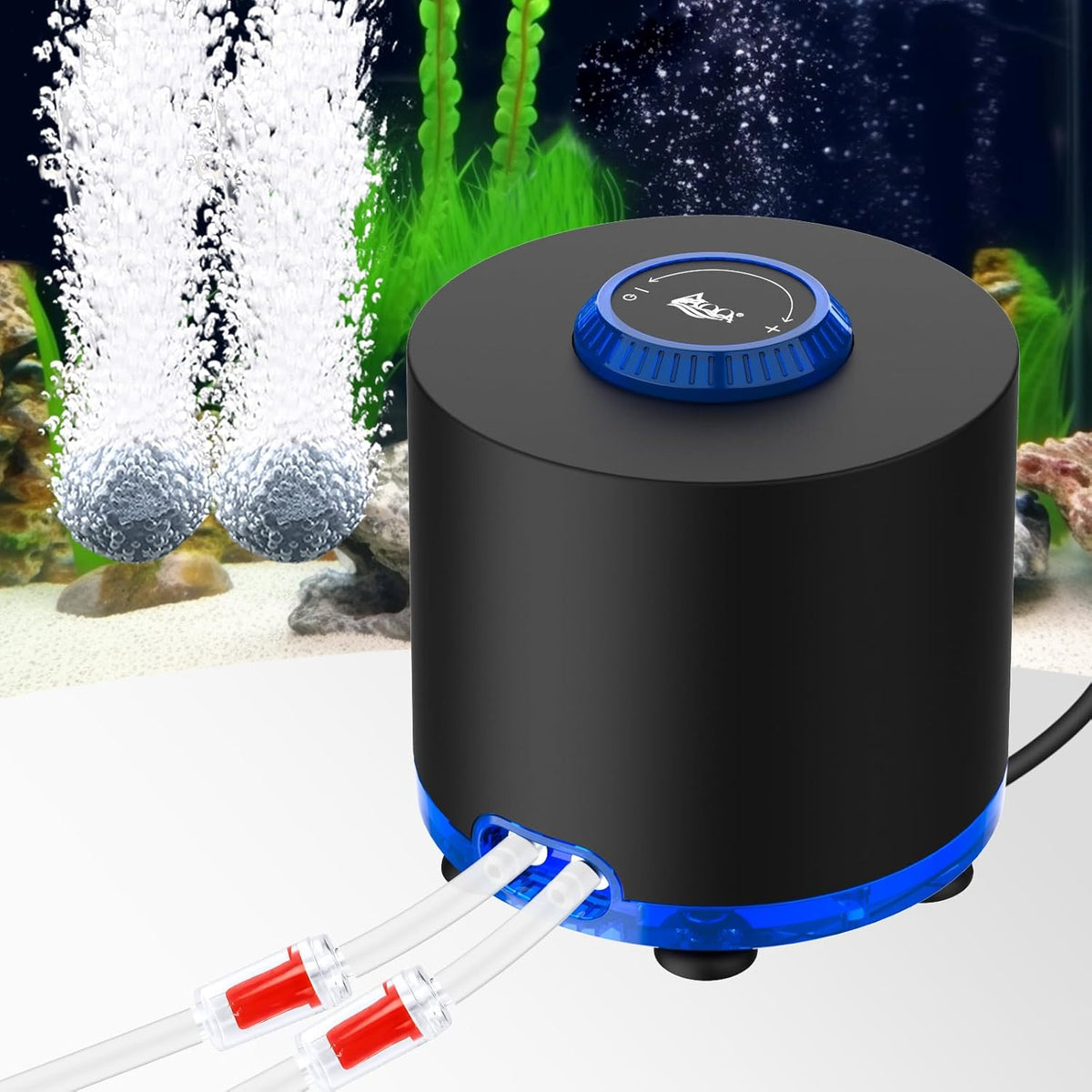 AQQA Aquarium Air Pump, Quiet Powerful Fish Tank Air Pump 3W/6W/10W with Stainless Steel Dual Outlet, Adjustable Oxygen Aerator Pump with Air Stone Bubbler for Fish Tank Up to 200 Gallon 3W (Tubby) - Image 1