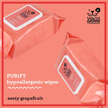 Wags and Wiggles 100 count grapefruit scented pet wipes for daily paw cleaning.